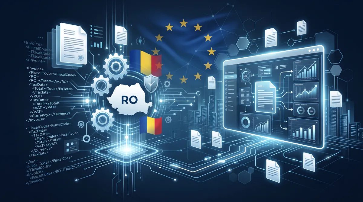 Hero illustration for the article Business Central and Romanian Compliance: SAF-T, e-Invoice, and e-Transport Explained